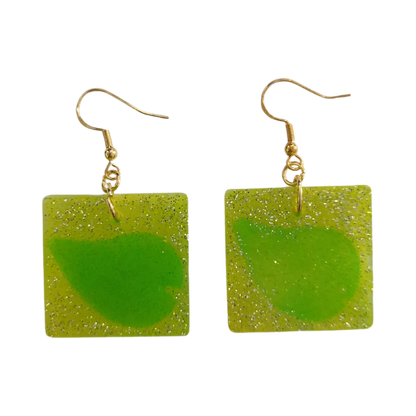 Earrings - Resin medium yellow glitter square with green leaf on gold hook