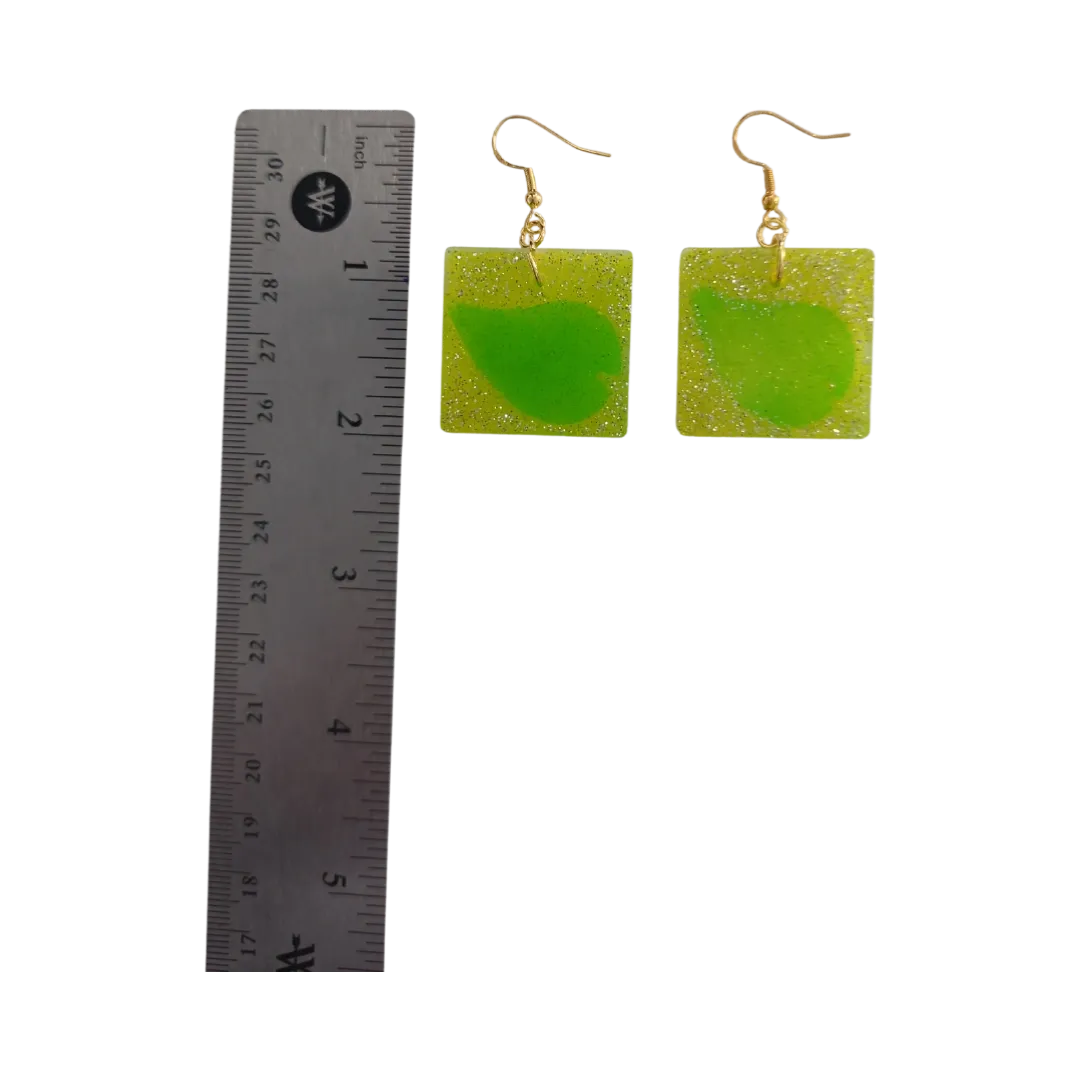 Earrings - Resin medium yellow glitter square with green leaf on gold hook