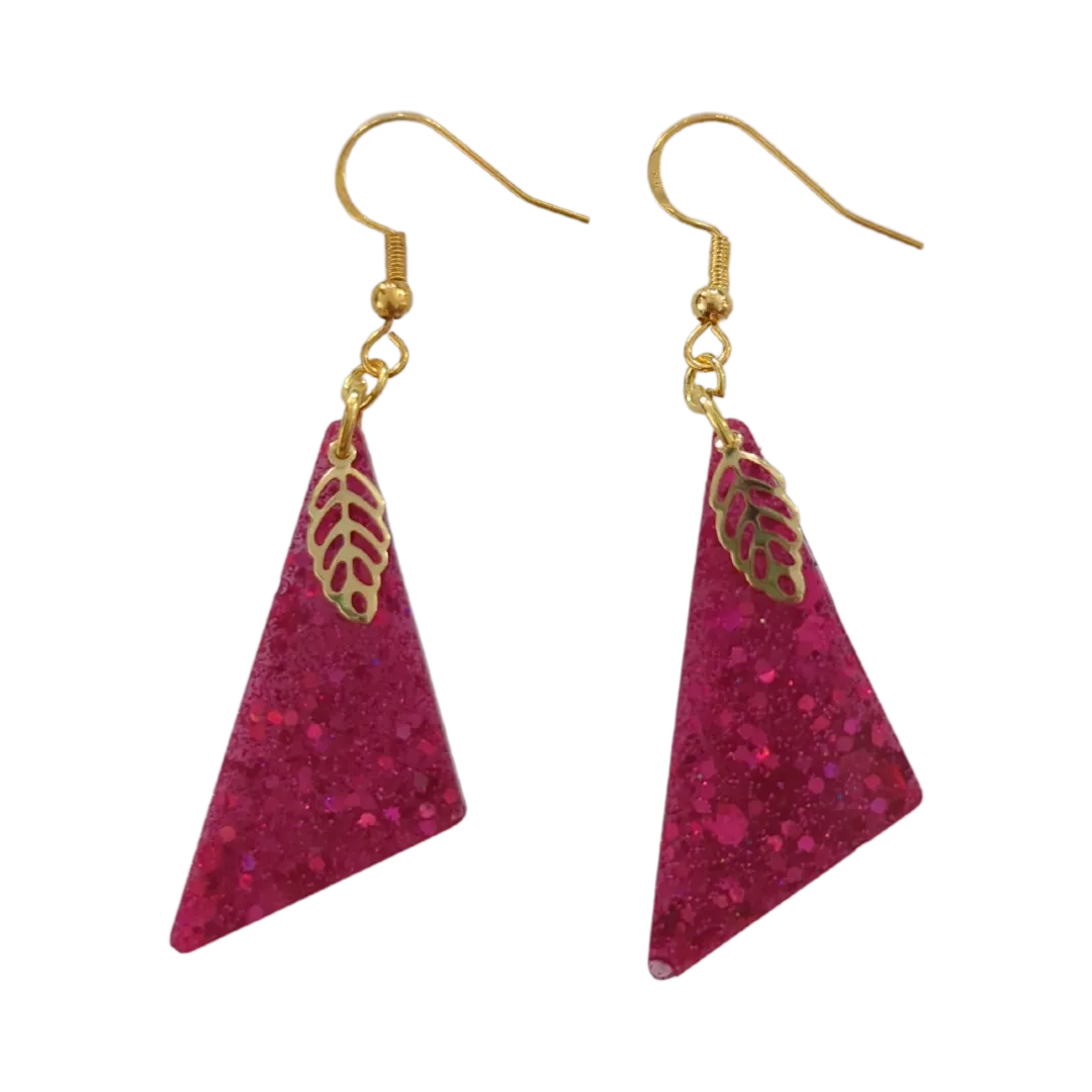 Earrings - Resin obtuse triangle with gold leaf charm on gold hook