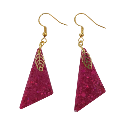 Earrings - Resin obtuse triangle with gold leaf charm on gold hook