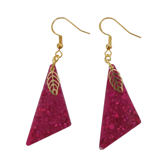 Earrings - Resin obtuse triangle with gold leaf charm on gold hook