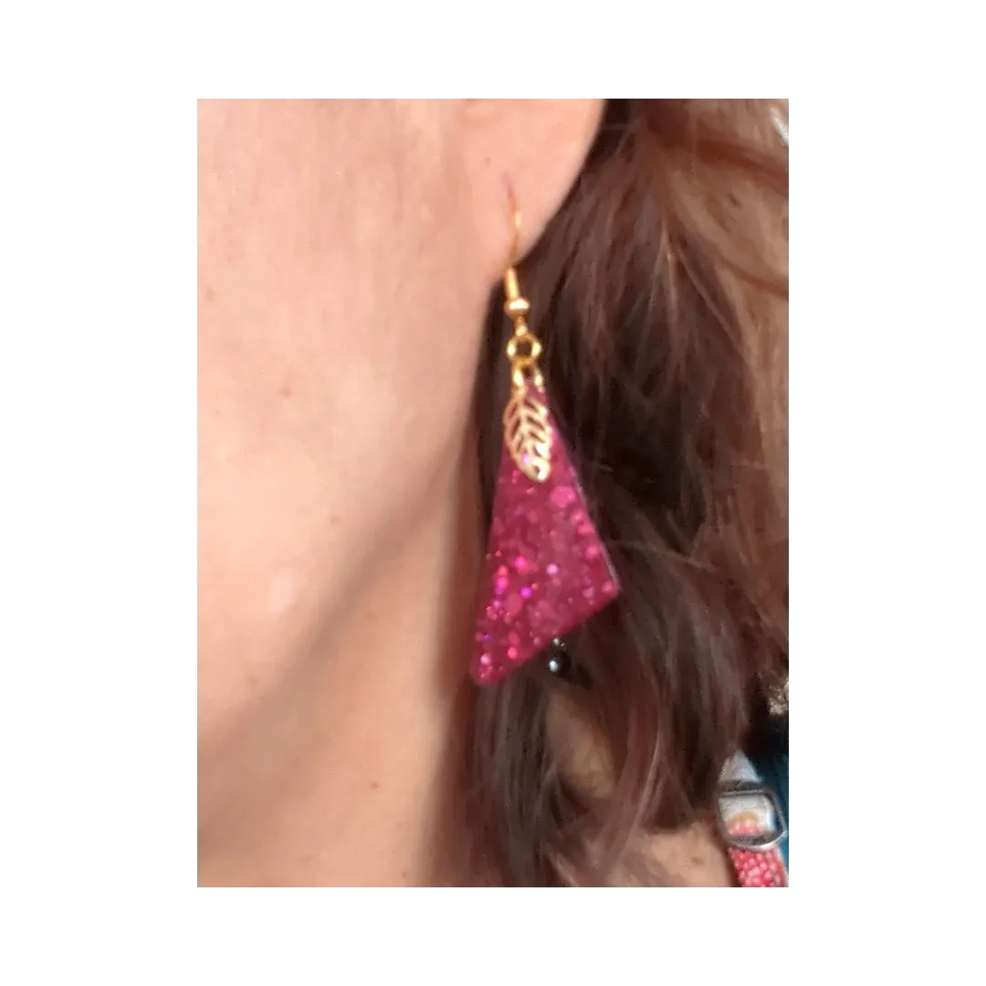 Earrings - Resin obtuse triangle with gold leaf charm on gold hook