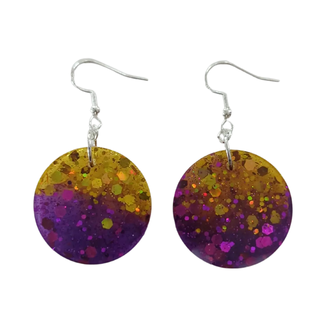 Earrings - Resin purple and gold circle on silver hook