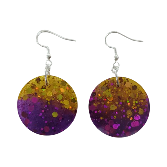 Earrings - Resin purple and gold circle on silver hook