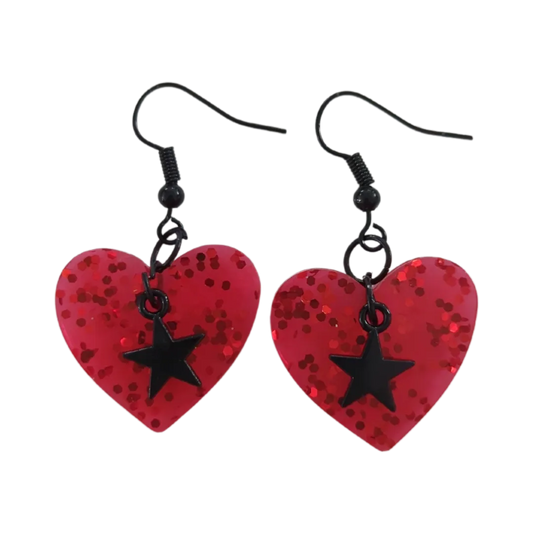 Earrings - Resin red glitter heart with black star charm on black hook