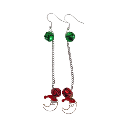 Earrings - Santa Clause Moon with Two Jingle Bells on Silver Chain Drop Hook