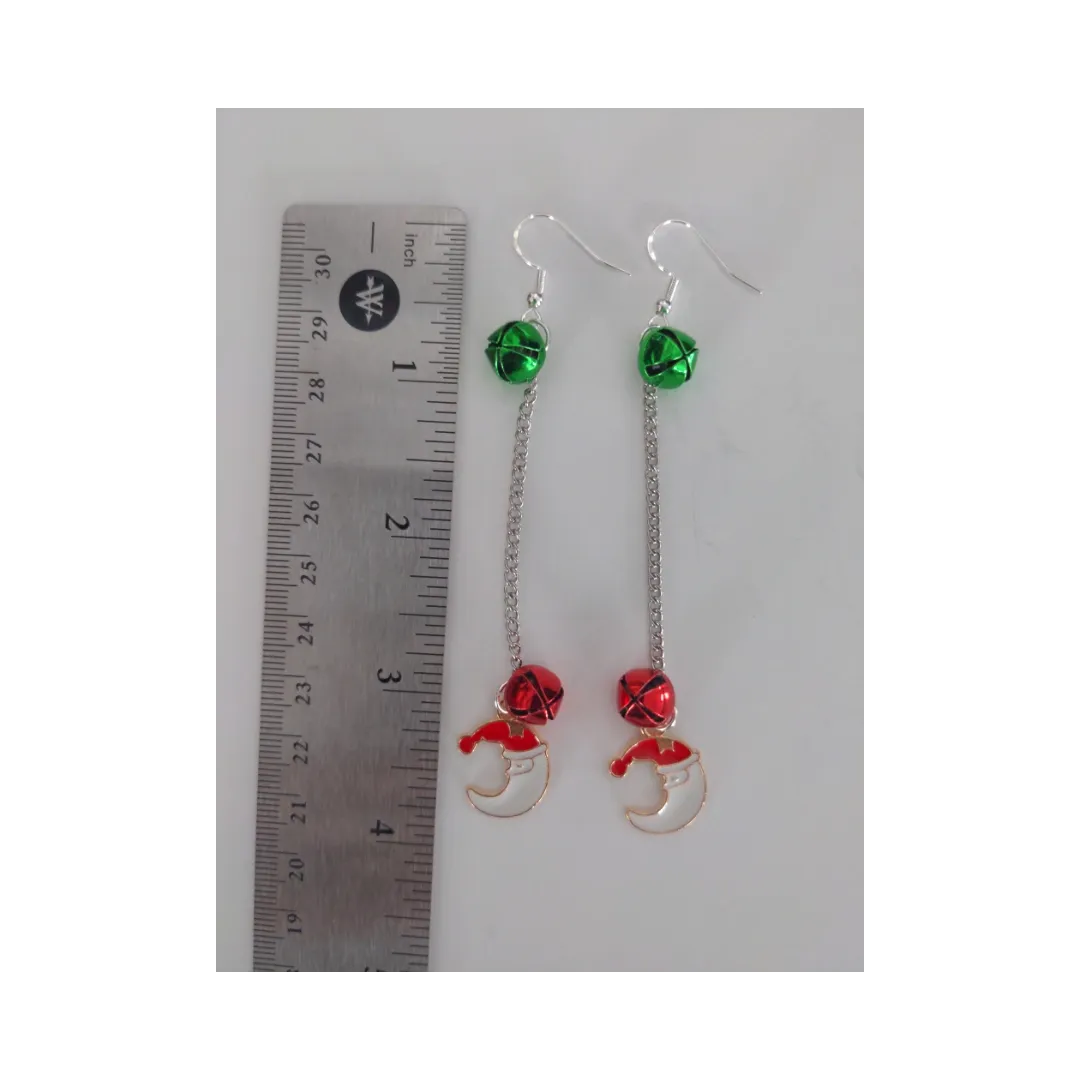 Earrings - Santa Clause Moon with Two Jingle Bells on Silver Chain Drop Hook