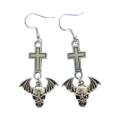 Earrings - Silver cross and skull with wings on hook