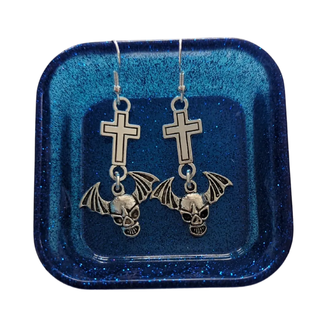 Earrings - Silver cross and skull with wings on hook