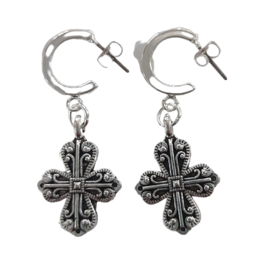 Earrings - Silver cross on round Post Earring with Loop