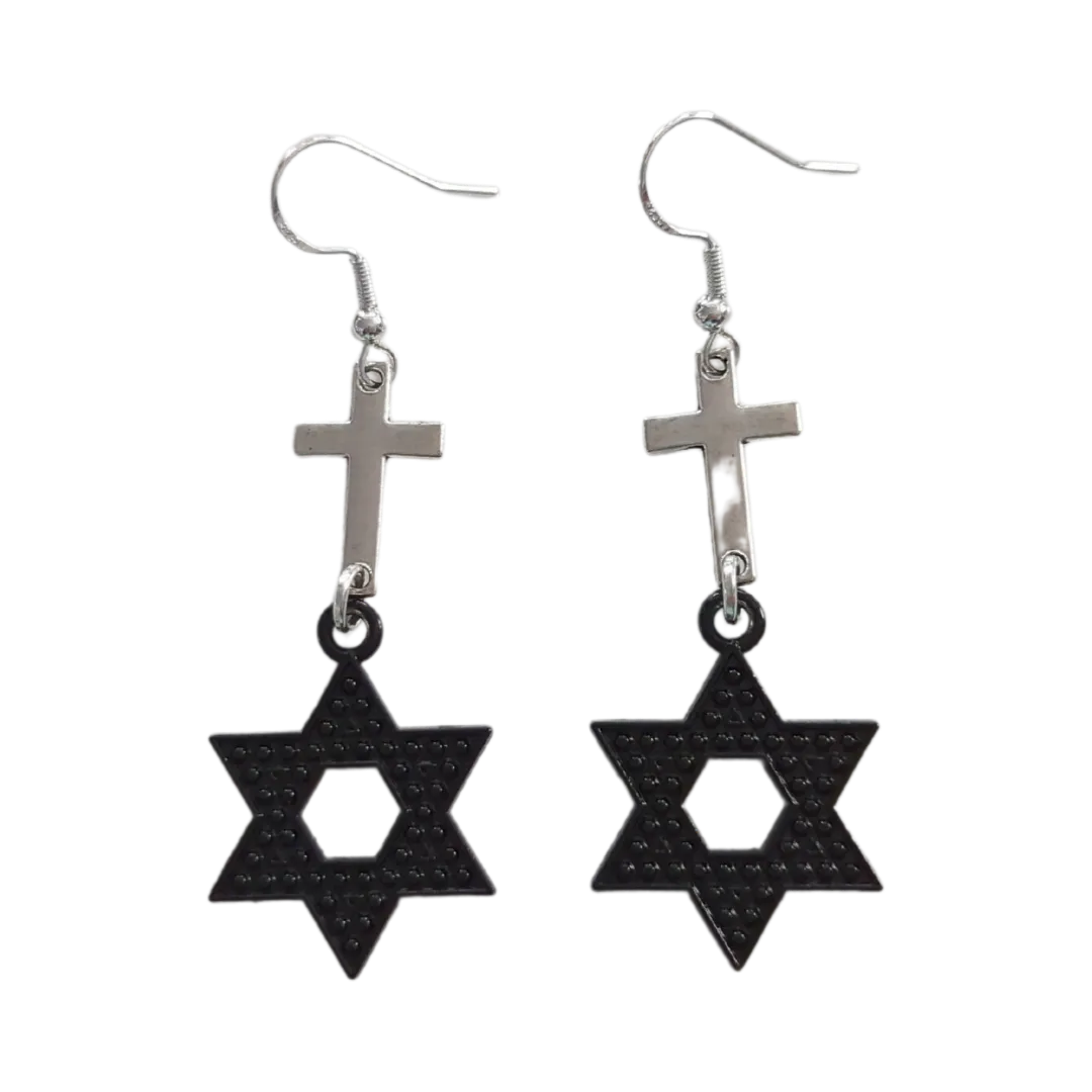 Earrings - Silver cross with black star on hook