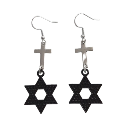 Earrings - Silver cross with black star on hook