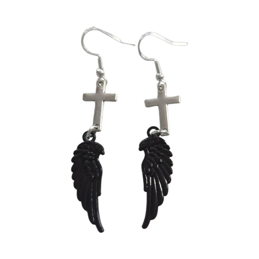 Earrings - Silver cross with black wing on hook