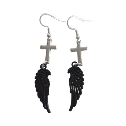 Earrings - Silver cross with black wing on hook