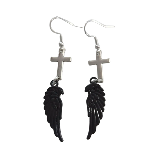 Earrings - Silver cross with black wing on hook