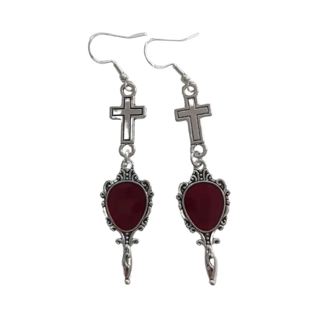 Earrings - Silver cross with mirror on hook