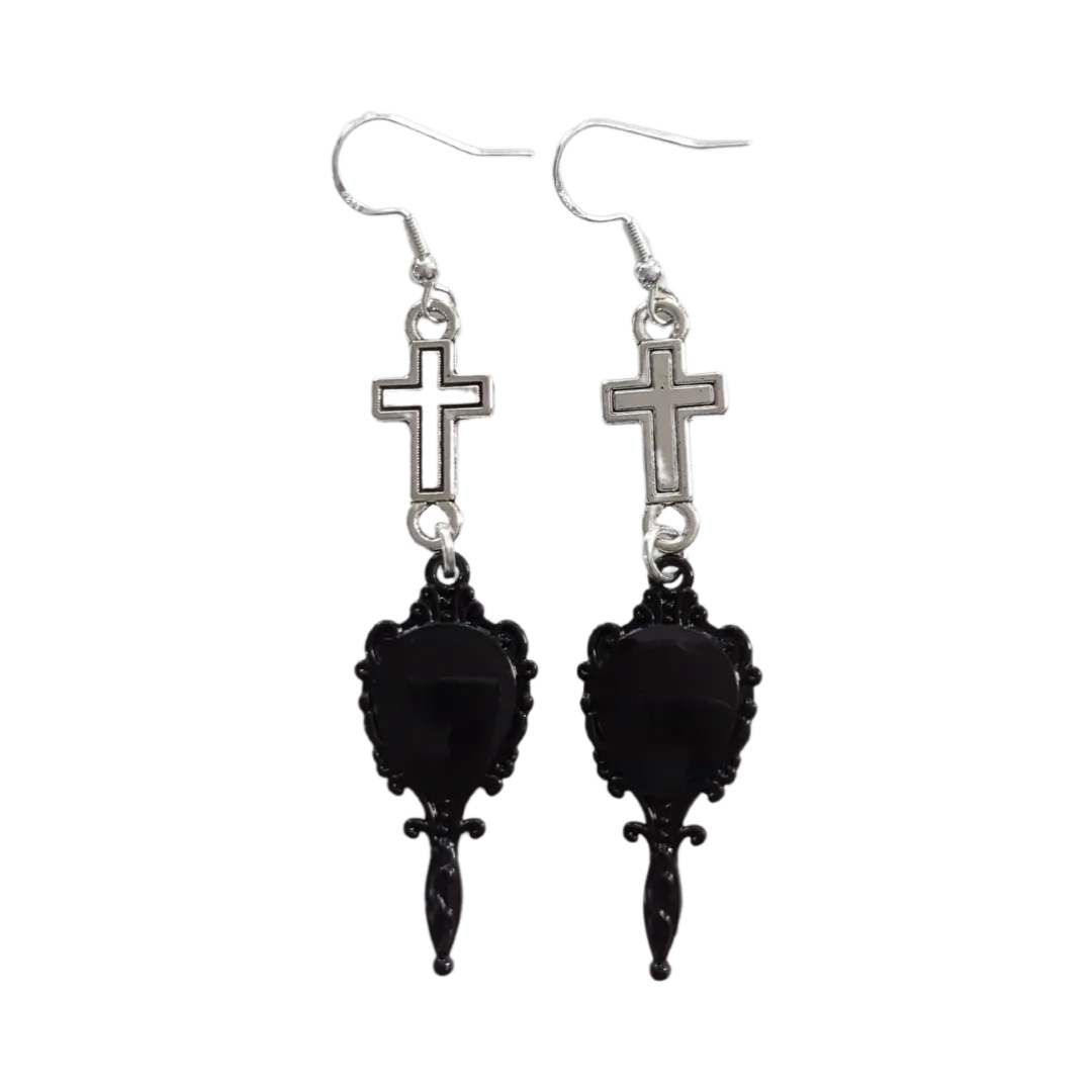 Earrings - Silver cross with mirror on hook