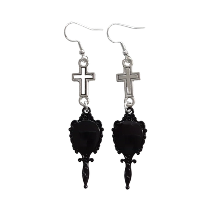 Earrings - Silver cross with mirror on hook