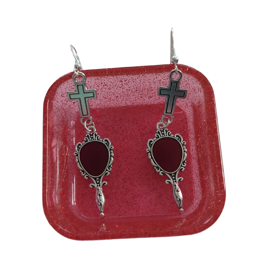 Earrings - Silver cross with mirror on hook