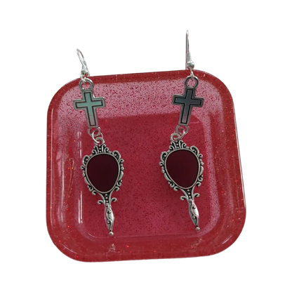 Earrings - Silver cross with mirror on hook