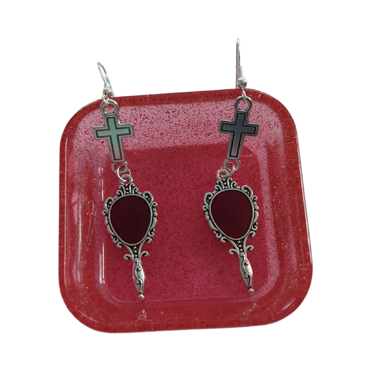 Earrings - Silver cross with mirror on hook