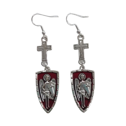 Earrings - Silver cross with shield on hook