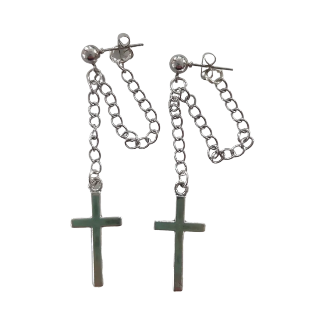 Earrings - Silver cross with silver chain on silver ball post stud earring stud