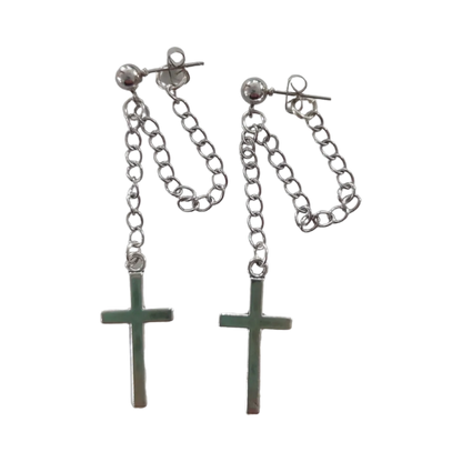 Earrings - Silver cross with silver chain on silver ball post stud earring stud