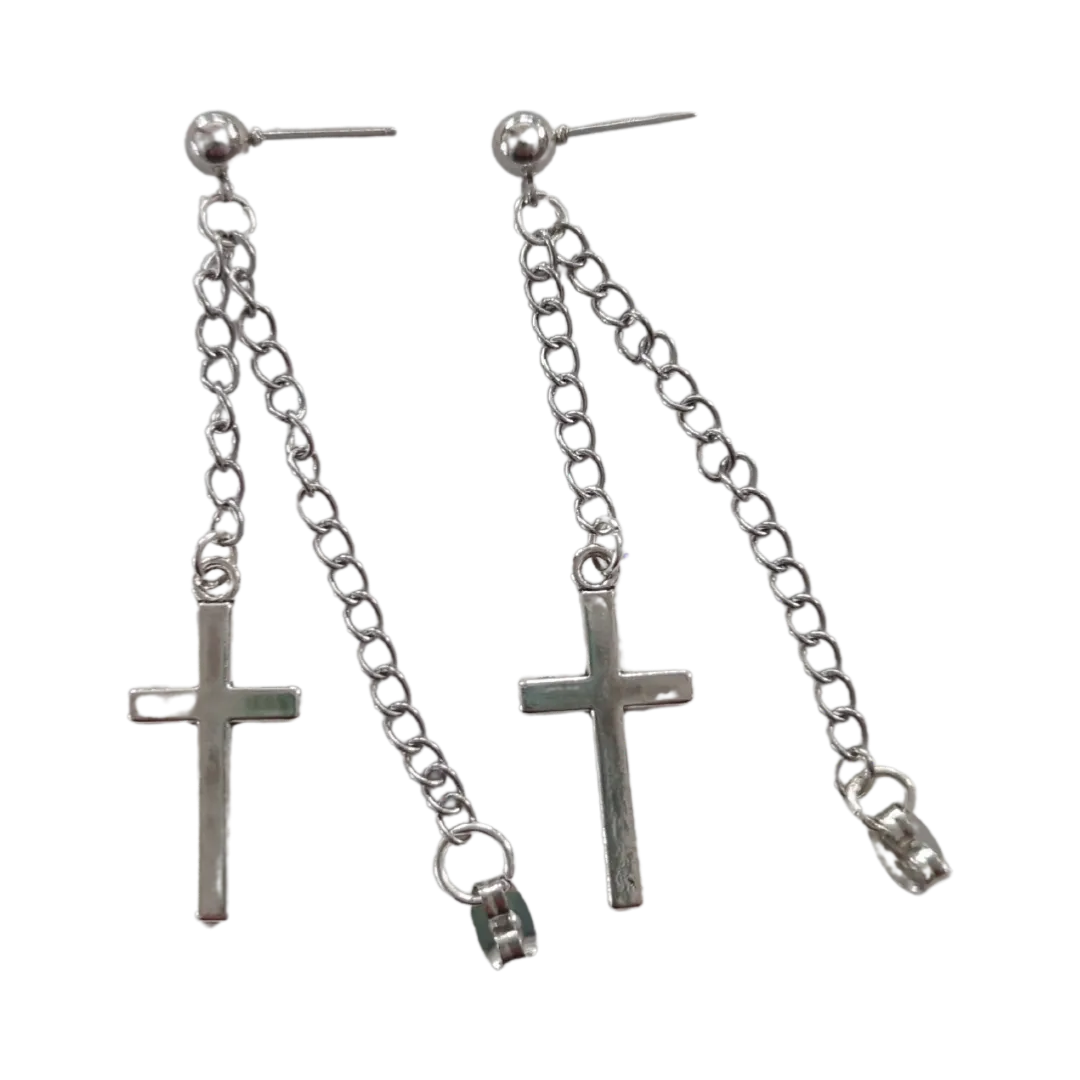 Earrings - Silver cross with silver chain on silver ball post stud earring stud