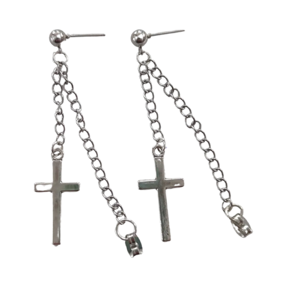 Earrings - Silver cross with silver chain on silver ball post stud earring stud