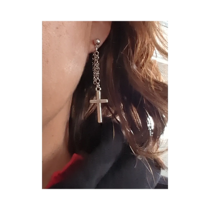 Earrings - Silver cross with silver chain on silver ball post stud earring stud