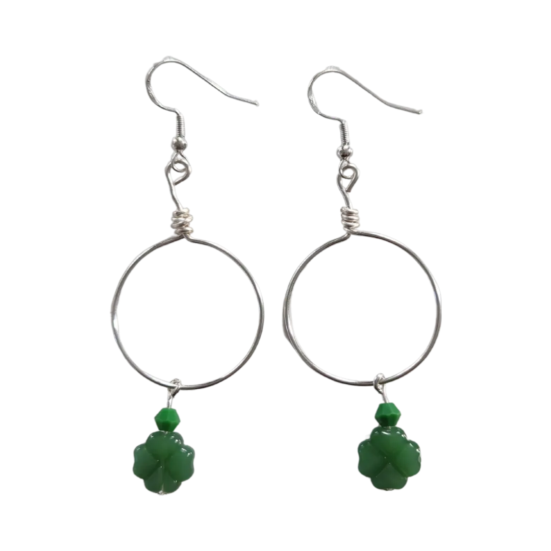 Earrings - Silver hoop with green shamrock clover imitation jade glass beads with green bicone crystal bead on silver hook