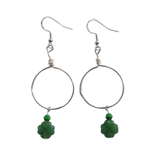 Earrings - Silver hoop with green shamrock clover imitation jade glass beads with green bicone crystal bead on silver hook