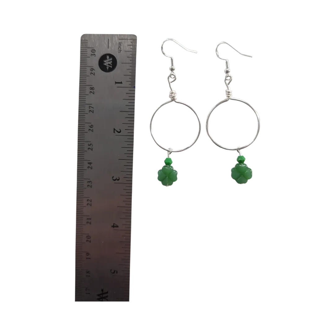 Earrings - Silver hoop with green shamrock clover imitation jade glass beads with green bicone crystal bead on silver hook