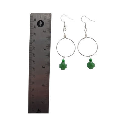 Earrings - Silver hoop with green shamrock clover imitation jade glass beads with green bicone crystal bead on silver hook