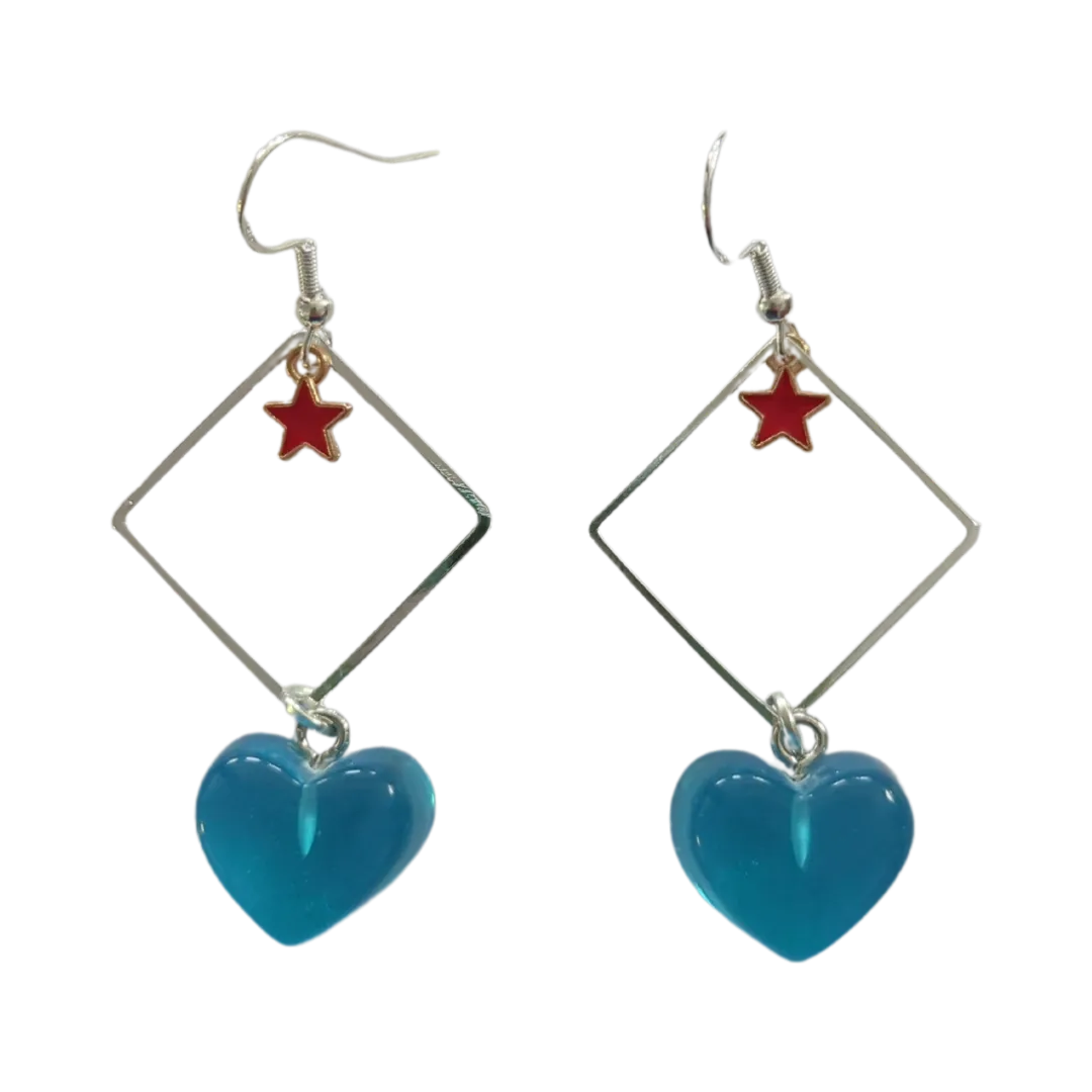 Earrings - Silver square with star and resin gummy heart