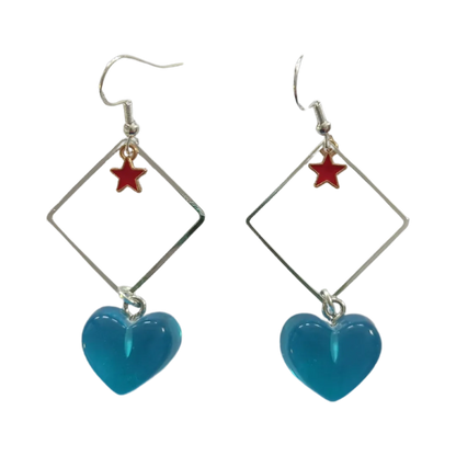 Earrings - Silver square with star and resin gummy heart