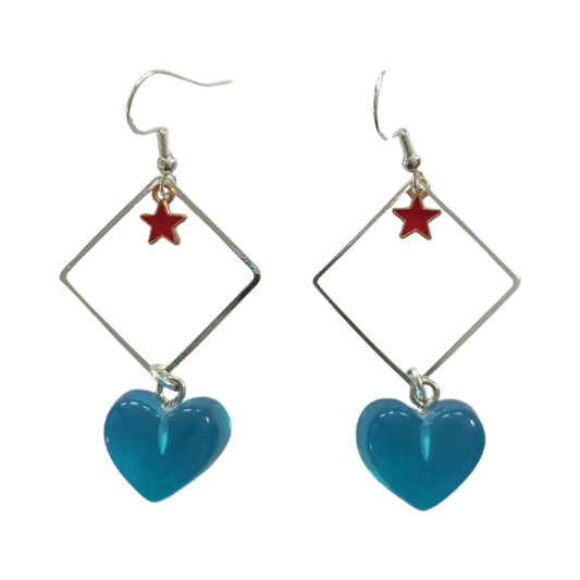 Earrings - Silver square with star and resin gummy heart