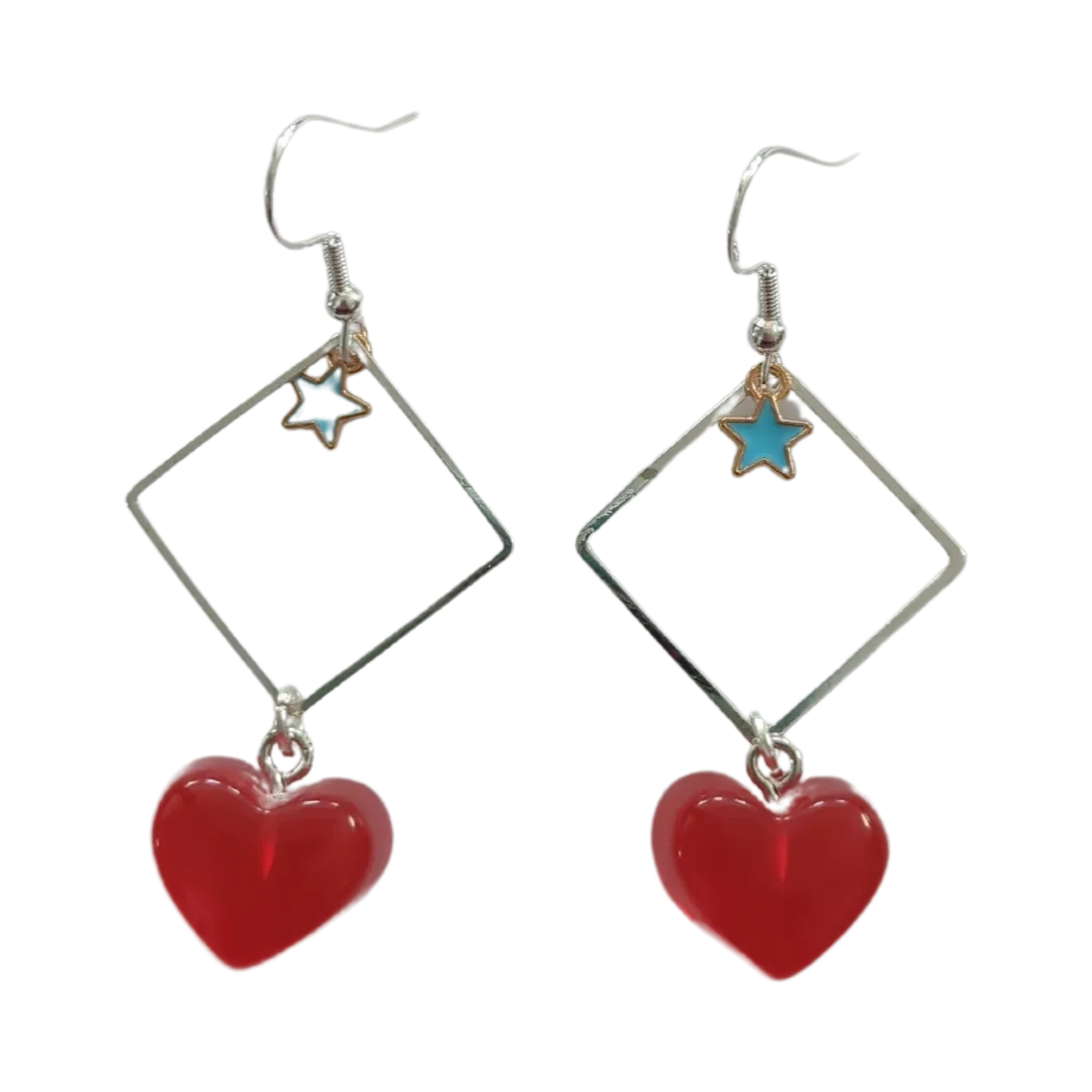 Earrings - Silver square with star and resin gummy heart