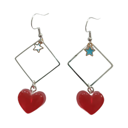 Earrings - Silver square with star and resin gummy heart