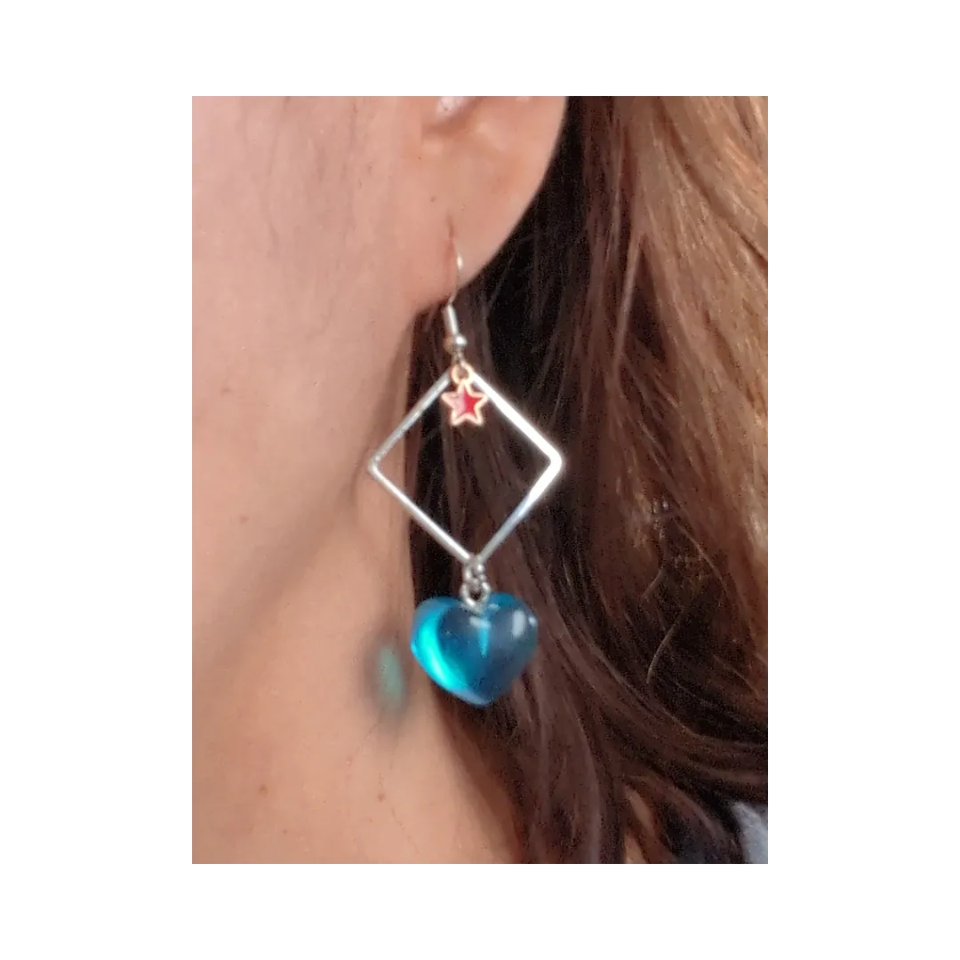 Earrings - Silver square with star and resin gummy heart