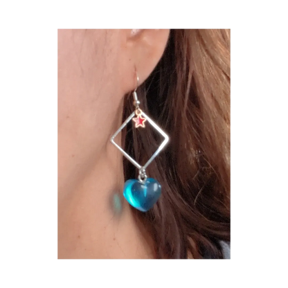 Earrings - Silver square with star and resin gummy heart