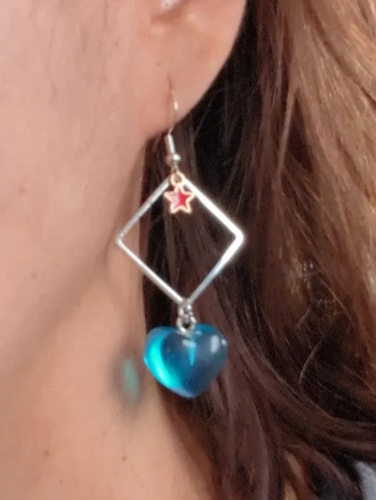 Earrings - Silver square with star and resin gummy heart