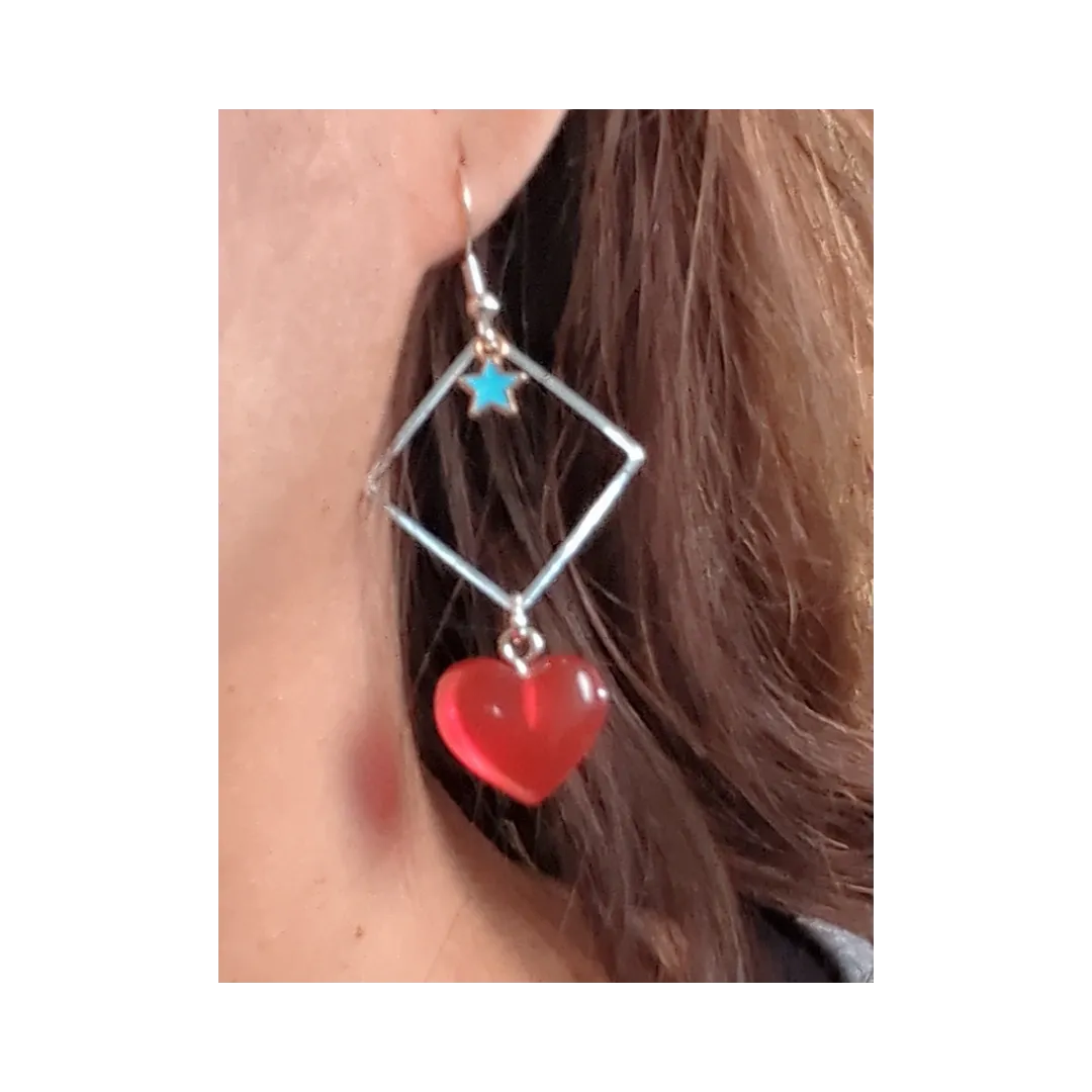 Earrings - Silver square with star and resin gummy heart