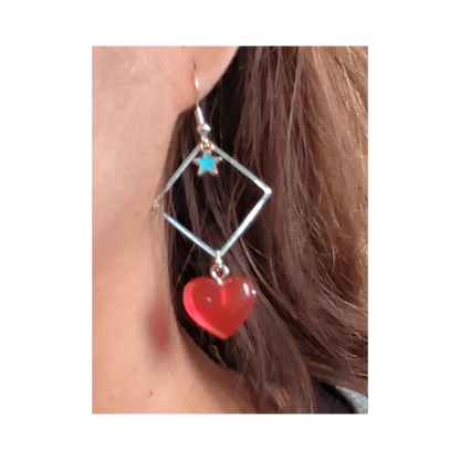 Earrings - Silver square with star and resin gummy heart