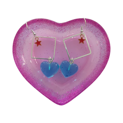 Earrings - Silver square with star and resin gummy heart