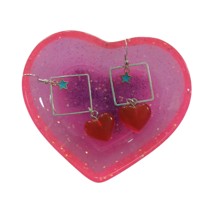 Earrings - Silver square with star and resin gummy heart