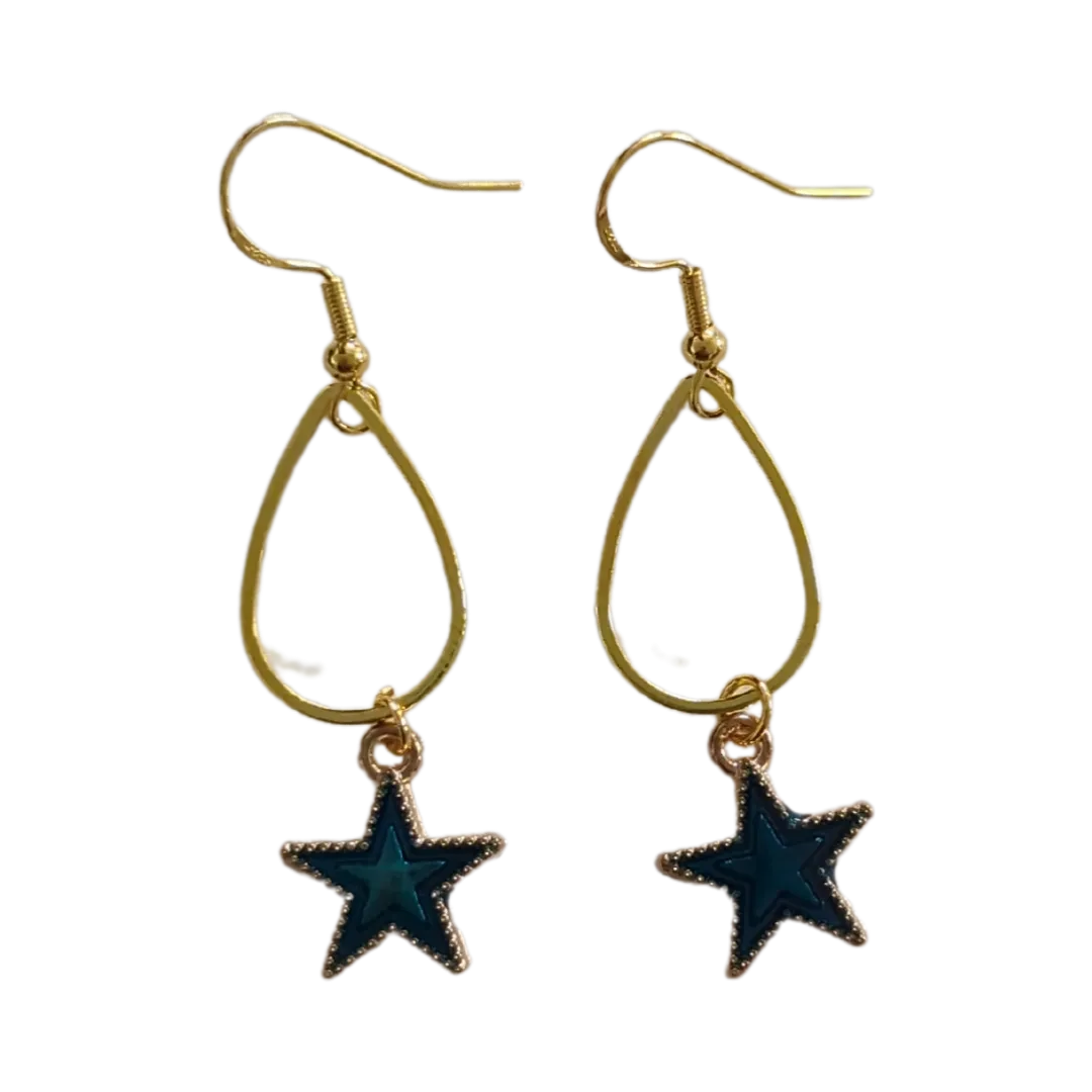 Earrings - Small teardrop with blue star charm on gold hook