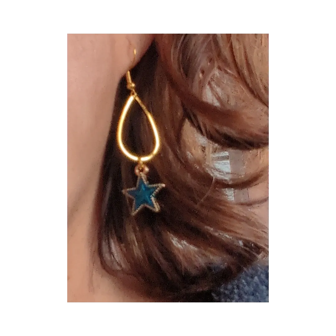 Earrings - Small teardrop with blue star charm on gold hook