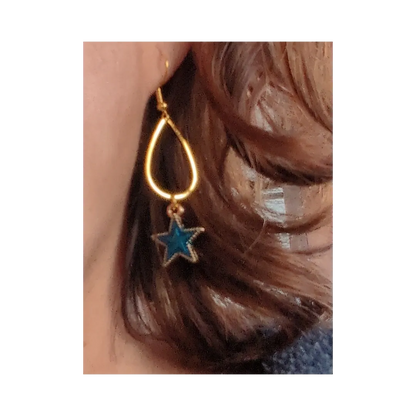 Earrings - Small teardrop with blue star charm on gold hook